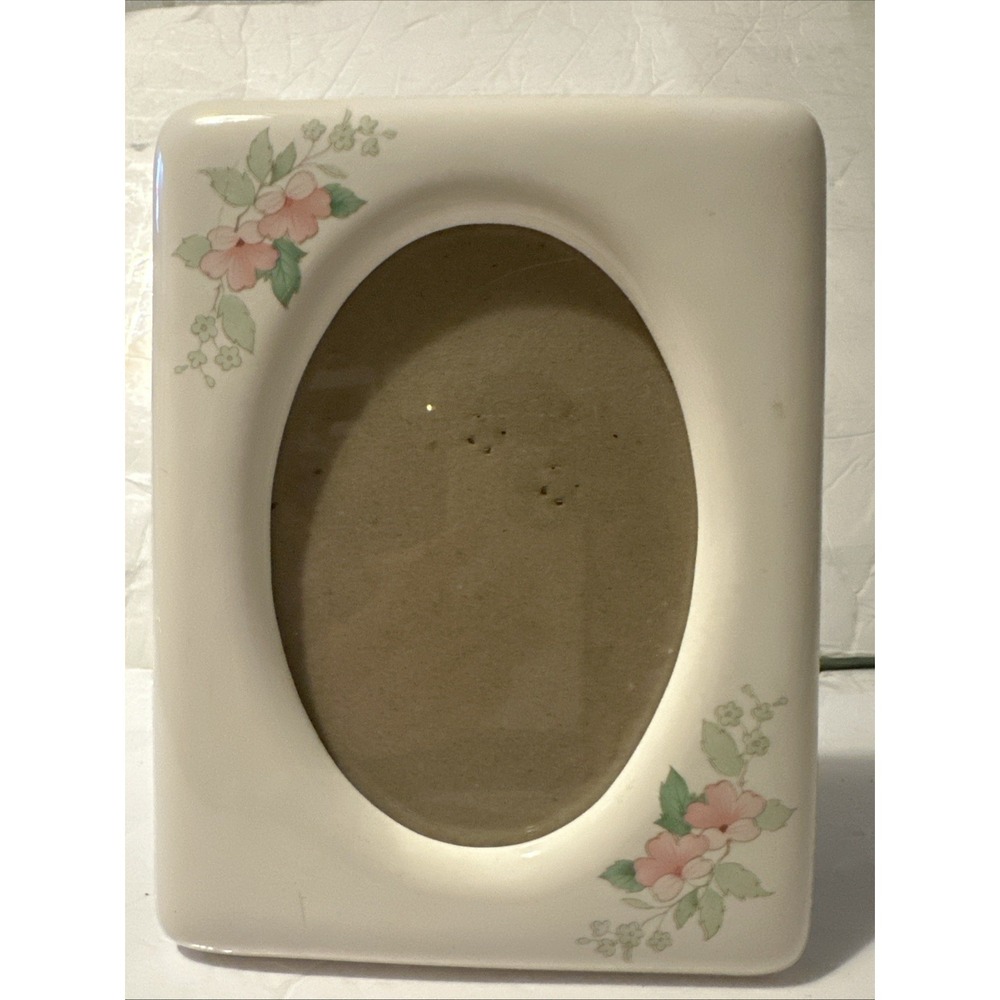 Ceramic Photo Frame Pink Tea Roses Simple Oval 5 X 7 Display Cottage Vtg
